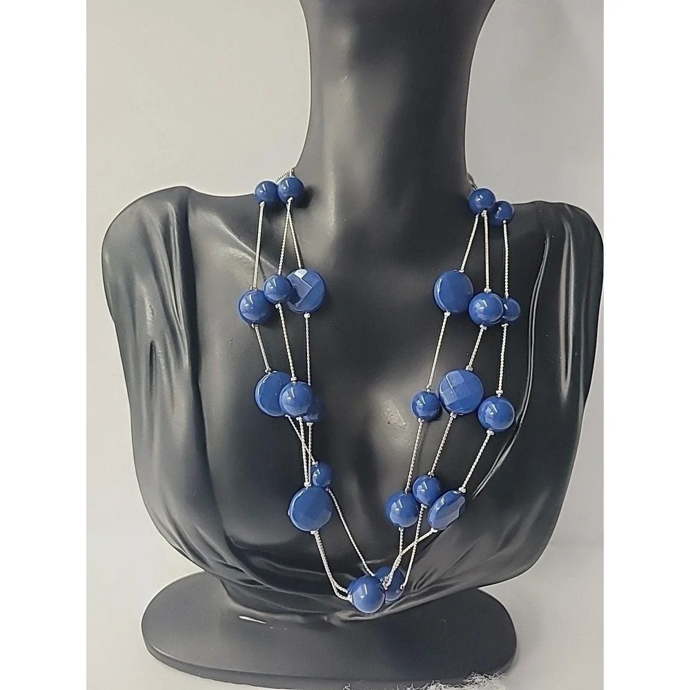 Vintage Blue Bead Multi Strand Silver Tone Necklace‎ Long Layered Statement